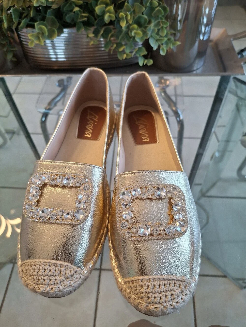 Metallic Silver Jeweled Espadrille Flats - Women